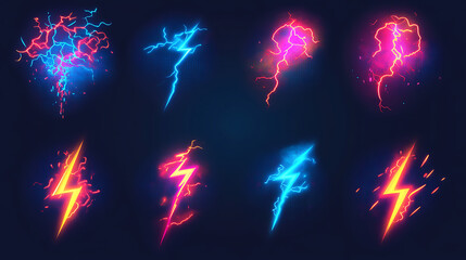 Poster - Neon lightning bolt icon, Glowing neon thunder flash sign, electrical discharge in vivid colors, Bright thunderbolt, electric storm, high voltage, Icon set, sign, symbol for UI, Vector illustration