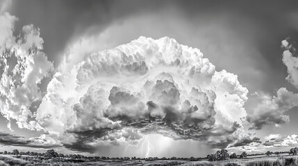 Aufkleber - Panorama dark cloud at evening sky with thunder bolt, Heavy storm bringing thunder, lightning, and rain in summer, Black and white thunderbolt background