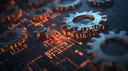 Poster - Rust programming language concept with rusty gears emerging from the dark, symbolizing robust and efficient coding