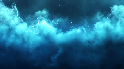 Poster - Realistic thunder light and blue smoke cloud bottom frame, Mysterious lightning glow border wide panoramic element, Fluffy magic spell mist glowing with bolt energy charge overlay turquoise design