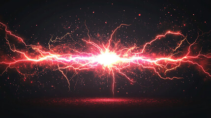 Poster - Thunder lightning vector electric power effect isolated on black background, Red spark blast VFX illustration, Flash lightning explosion magical spell attack, Energy discharge neon thunderstorm