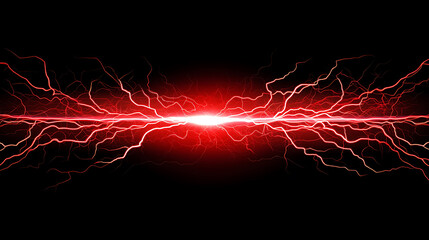Poster - Thunder lightning vector electric power effect isolated on black background, Red spark blast VFX illustration, Flash lightning explosion magical spell attack, Energy discharge neon thunderstorm