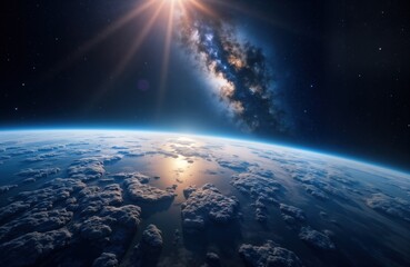 Wall Mural - Earth view from space. Planet surface with clouds. Milky way galaxy on background. Astronomy concept. Space exploration, cosmic travel. Astronaut perspective.