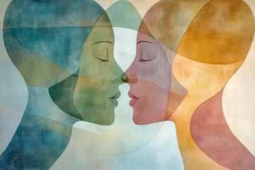 Fototapete - Two abstract silhouettes of faces in gentle pastel colors convey a sense of deep communication and empathy, evoking tranquility and connection. Generative AI