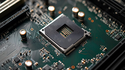 Poster - Closeup of highperformance gpu chip on green motherboard intricate circuitry for gaming and computing