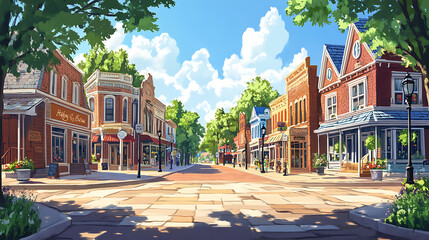 Poster - Charming small town main street with historic storefronts and shops midwest usa digital painting