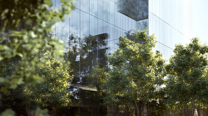 Poster - Corporate glass building facade reflecting green trees exemplifying esg environmental social governance sustainability in business 3d rendering