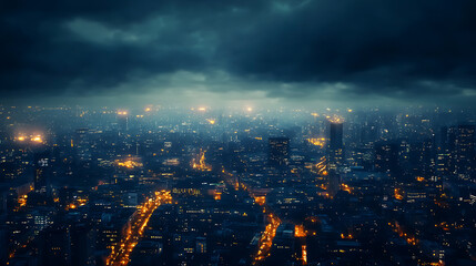 Wall Mural - Dramatic urban night scene with dark moody atmosphere and glowing city lights concept illustrations