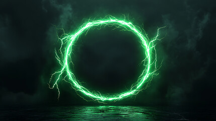 Poster - Electric green lightning plasma portal glowing round frame isolated on black digital art
