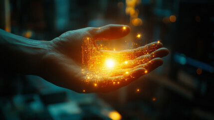 Aufkleber - A glowing orb of energy in a hand symbolizes innovation and technology in a futuristic setting at night