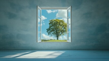 Poster - The window opens to reveal a lush green tree set against a clear blue sky, creating a peaceful ambiance in the empty room. Generative AI
