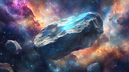 Poster - Flying rock in cosmic space surreal giant boulder floating in galaxy abstract 3d illustration