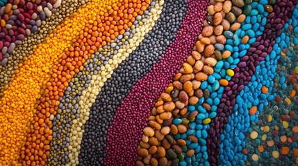 Poster - A vibrant arrangement of beans, lentils, and seeds showcases an abstract pattern in assorted colors and textures, creating visual interest. Generative AI