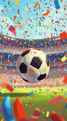 Wall Mural - A soccer ball is flying through the air with confetti raining down on the field