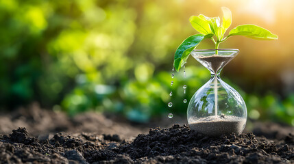 Poster - Hourglass with water dripping onto a plant in dry soil, metaphorically representing water conservation, drought, and climate change