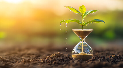 Poster - Hourglass with water dripping onto a plant in dry soil, metaphorically representing water conservation, drought, and climate change