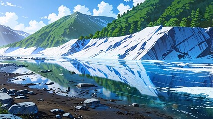 glacier in the mountains hyper realistic, creating a serene nature escape. Anime style	