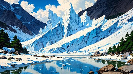 glacier in the mountains hyper realistic, creating a serene nature escape. Anime style	