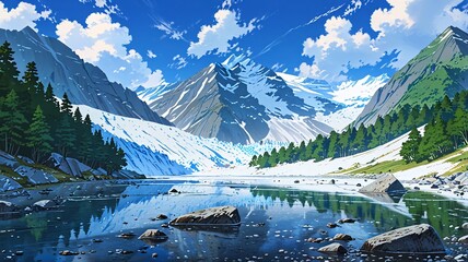 glacier in the mountains hyper realistic, creating a serene nature escape. Anime style	