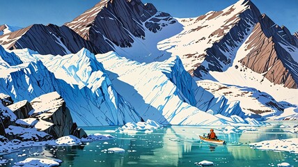 glacier in the mountains hyper realistic, creating a serene nature escape. Anime style	