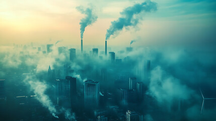 Poster - Generating greenhouse gases and CO2 pollution in an urban city outline concept, showing polluted air from burning fossil fuels, power manufacturing, transportation exhaust, and agriculture