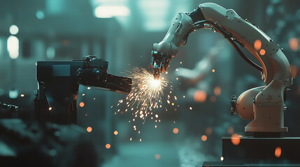 Poster - Industrial robot arm welding with laser in manufacturing plant