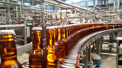 Poster - Automated beverage production line in modern factory bottles on conveyor belt system