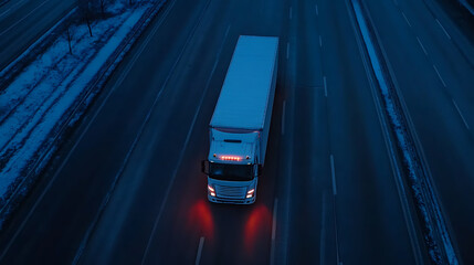 Poster - Large freight transporter semi-truck on the road, aerial view from above by drone