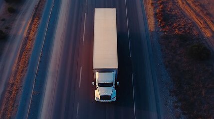 Leinwandbilder - Large freight transporter semi-truck on the road, aerial view from above by drone