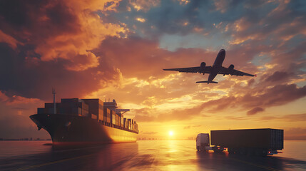 Aufkleber - Logistics concept for container cargo transport, showcasing a big ship, container truck, and plane against a dramatic sunset sky, emphasizing sea freight shipping