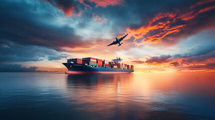 Poster - Logistics concept for container cargo transport, showcasing a big ship, container truck, and plane against a dramatic sunset sky, emphasizing sea freight shipping