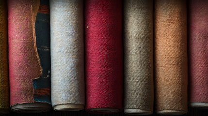 Poster - Linen fabric rolls arranged in a row, ideal for banners or posters