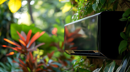 Fototapete - Closeup of a ductless split air conditioner unit installed in a lush garden setting modern hvac technology photo
