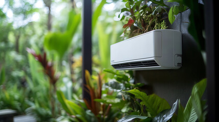 Aufkleber - Closeup of a ductless split air conditioner unit installed in a lush garden setting modern hvac technology photo