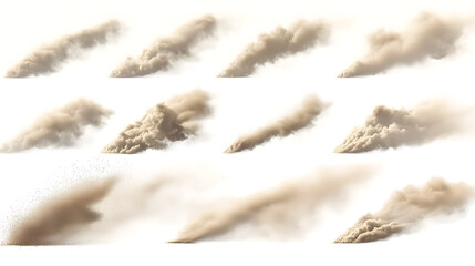 Poster - Sand clouds, cars, sandstorms or dust creating dirty brown smoke trails and thick smog with soil particles, isolated thunderstorm and air pollution elements, realistic 3D vector set