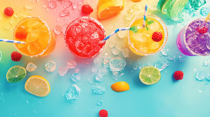 Aufkleber - Colorful summer soda drinks menu refreshing mocktails and cocktails top view digital illustration
