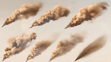 Poster - Sand clouds, cars, sandstorms or dust creating dirty brown smoke trails and thick smog with soil particles, isolated thunderstorm and air pollution elements, realistic 3D vector set