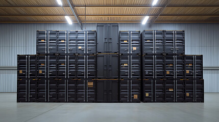Poster - Stacked cargo containers in a warehouse are prepared for temporary storage, loading, unloading, and sorting at a container point, exemplifying cargo transportation logistics