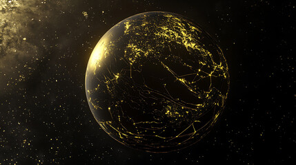 Aufkleber - The Earth is covered with golden lines on a dark background Digital art technology was used with a dark gold and black color scheme
