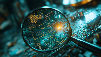 Aufkleber - Detective magnifying glass inspecting network components investigating connectivity issues concept