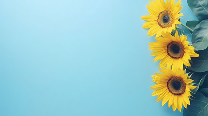Poster - The sunflowers on the right side of an empty blue background, with a top view banner and copy space area for a summer or spring concept
