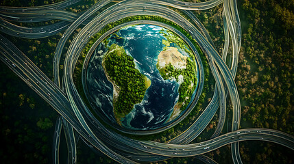 Leinwandbilder - The Earth is seen from above, with South America and North America on one side surrounded by roads that connect to other parts of the world