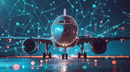 Wall Mural - A Digital Airplane Showcasing Technology Advancements in Aviation, Illuminated Against a Backdrop of Interconnected Data Points in a Modern City, Emphasizing Innovation in Air Travel