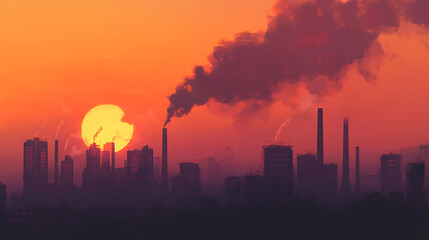 Poster - Toxic smoke from industrial factories floating in the air, causing pollution and harming the environment and health of city populations, vector illustration and flat design