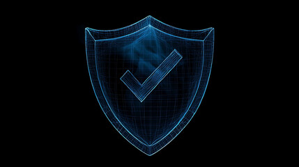 Leinwandbilder - Visualizing a secure cybersecurity symbol: A dark blue wireframe shield adorned with a checkmark emblem, symbolizing robust protection and verified security measures