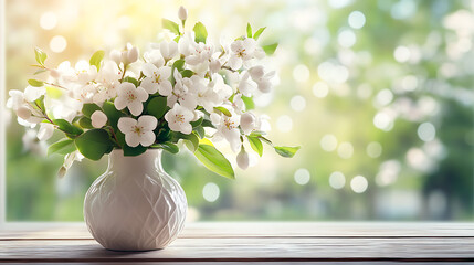 Poster - White wooden table with vase of white flowers and blurred window on spring background
