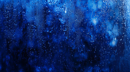 Poster - Abstract background of blue raindrops on a window creating a tranquil and melancholic atmosphere highquality stock photo