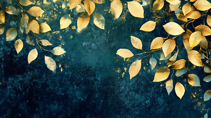 Aufkleber - Abstract green and gold floral leaves texture on navy blue background digital painting