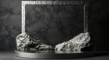 Poster - Abstract stone podium display with water and silver frame on dark gray background 3d product presentation