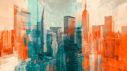 Aufkleber - Abstract watercolor cityscape with skyscrapers double exposure urban scene orange and teal digital art